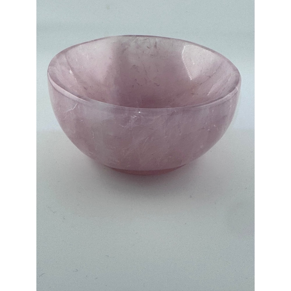 Natural Rose Quartz Bowl Rainbow Inclusions Hand Carved Pink Crystal 3.85"